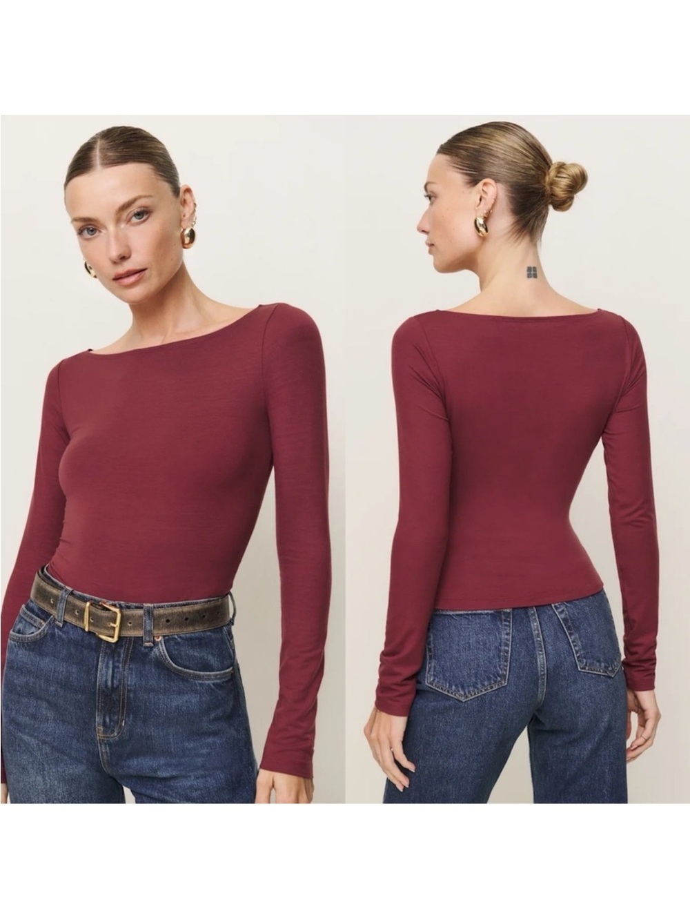 Reformation Wiley Long Sleeve Top XL Red Boat Neck Fitted Stretch Tee
